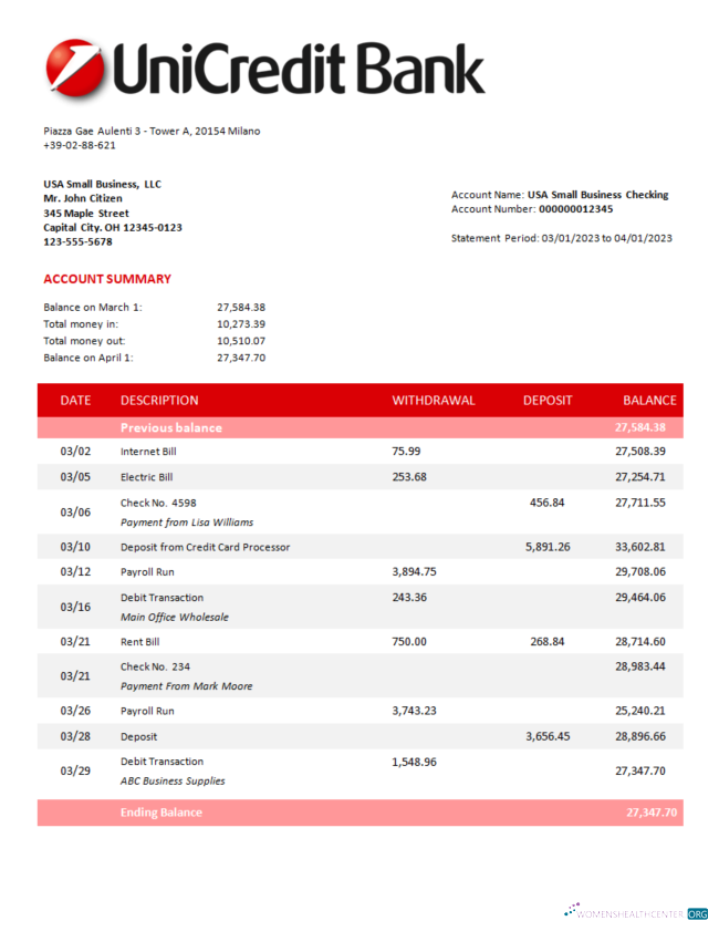 Download Unicredit Bank corporate statement Word and PDF template Photoshop template